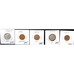 1920-S STANKING LIBERTY QTR, 1914-D BUFFALO  NICKEL, 1859 - 1863 & 1906 INDIAN CENTS -  SOLD PER COI
