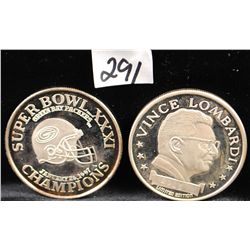 TWO SILVER SPORTS COMMEMORATIVE COINS - XXX1  SUPER BOWL CHAMPIONS GREEN BAY PACKERS &  VINCE LOMBAR