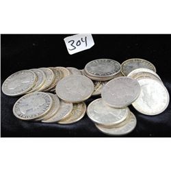 30 CANADIAN HALF DOLLARS - 1940'S TO 1960'S  (ALL SILVER) MIXED DATES AND MINTS FROM SAFE  DEPOSIT -