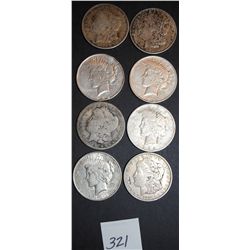 8 SILVER DOLLARS - MORGANS AND PEACE - MIXED  DATES - SOLD PER COIN TIMES 8