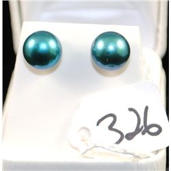 TAHIATIAN TEAL COLOR PEARL EARRINGS WITH 14K  YELLOW GOLD CLASPS