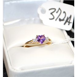 HEART SHAPED AMETHYST AND DIAMOND RING WITH  ONE HEART CUT AMETHYST CERTER AND TWO ACCENT  DIAMONDS 