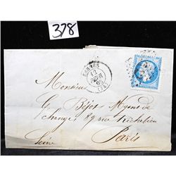 1866 FRENCH DOCUMENT W/ MAIL POSTAGE STAMP -  SCARCE!
