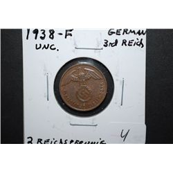 1938-F German 2 Reichspfennig Foreign Coin With Flying Eagle Holding Swatstika; UNC; EST. $10-15