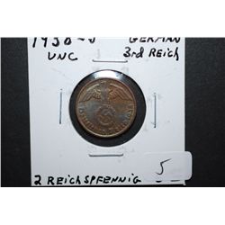 1938-J German 2 Reichspfennig Foreign Coin With Flying Eagle Holding Swatstika; UNC; EST. $10-15