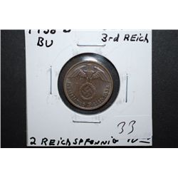 1938-D German 2 Reichspfennig Foreign Coin With Flying Eagle Holding Swatstika; BU; EST. $10-15