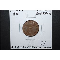 1937-F German 2 Reichspfennig Foreign Coin With Flying Eagle Holding Swatstika; XF; EST. $10-15