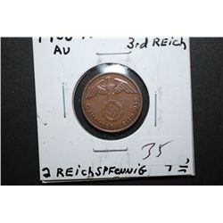 1938-A German 2 Reichspfennig Foreign Coin With Flying Eagle Holding Swatstika; AU; EST. $10-15