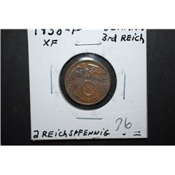 1938-F German 2 Reichspfennig Foreign Coin With Flying Eagle Holding Swatstika; XF; EST. $10-15