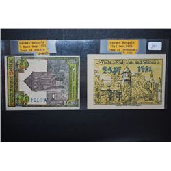 1921 German Notgeld 1 Mark Foreign Bank Note Town Of Soldin & 1921 German Notgeld 25 Pfennig Foreign