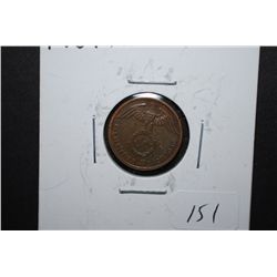 1939-A German 1 Reichspfennig Foreign Coin With Flying Eagle Holding Swatstika; EST. $10-15
