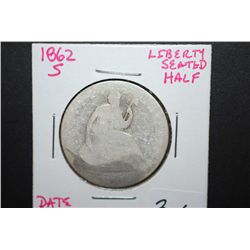 1862-S US Seated Liberty Half Dollar; Date Barely Legible; EST. $20-30