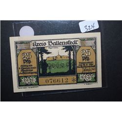 1921 German 25 Pfennig Foreign Bank Note; EST. $5-10