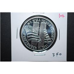 September 11, 2001 We Will Never Forget Silver Round; One Year Memorial 9-11; .999 Fine Silver 1 Oz.