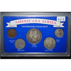 Americana Series Yesteryear Collection Coin Set In Display Case; Indian Head Penny, Liberty Nickel, 