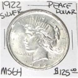1922 PEACE SILVER DOLLAR RED BOOK VALUE IS $125.00 *RARE MS-64 HIGH GRADE*!!