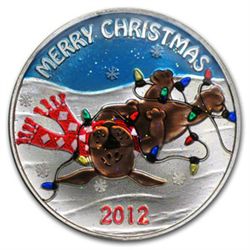 2012 1 oz .999 Silver Engravable Enameled Puppy Christmas Round