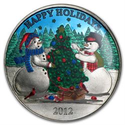 2012 1 oz .999 Silver Engravable Enameled Snowman Holiday Christmas Round