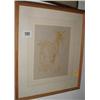 A framed and glazed drawing of a goat signed Newton