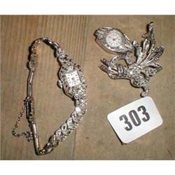 A c1930's marcasite wrist watch together with a marcasite brooch