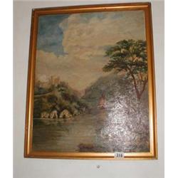 A c1913 framed oil on canvas castle and waterside scene signed BB Iveson