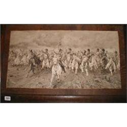 A C19th oak framed print of a Cavalry charge