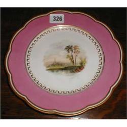 Three C19th Davenport Longport plates with pink borders and scenes to centre