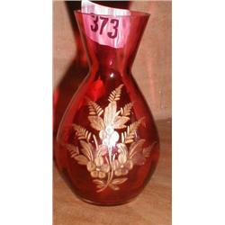 A c1900 Cranberry glass vase with gilt etched decoration