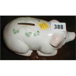 A 1973 Belleek piggy bank with shamrock decoration