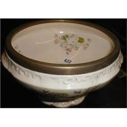 A c1900 Devon Ware footed bowl with violet decoration and silver-plated rim