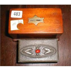 A c1900 mahogany "collection box" with brass slot with a C19th Arts & Crafts pewter mounted trinket