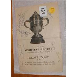 A "Sportsman of the Year: Geoff Duke" programme with autographs including Denis Compton and Reg Harr