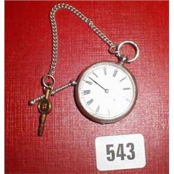 A silver pocket watch with chased decoration together with a chain and key