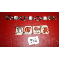 A hand painted floral decorated ivory bracelet together with a moonstone bracelet
