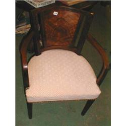 A c1930's mahogany & walnut upholstered armchair with half-panel veneer