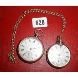 A silver pocket watch with curb chain together with two others