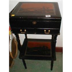 A late C19th/early C20th lacquered sewing box on stand with oriental scene to top and fitted interio