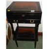 Image 1 : A late C19th/early C20th lacquered sewing box on stand with oriental scene to top and fitted interio