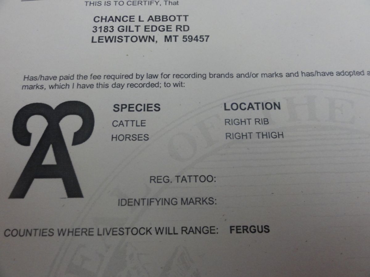 Teddy Blue Abbott’s livestock brand 3 A Cattle right rib, horses right thigh. Registered by Teddy B