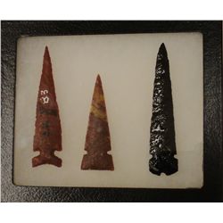 2 artifacts: Woodland spear point, 5.5’’, in frame;  3- California and Oregon Isli-style spear point