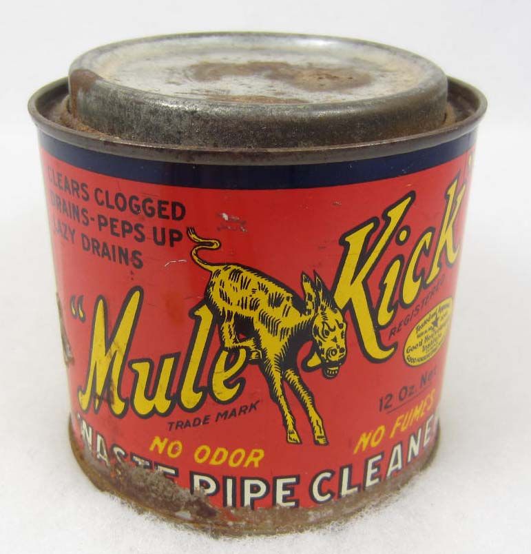 C. 1931 MULE KICK DRAIN CLEANER ADVERTISING TIN