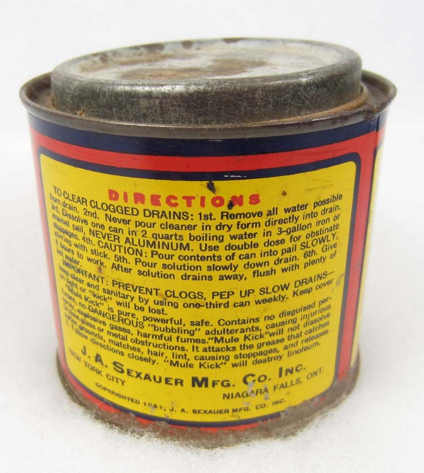 C. 1931 MULE KICK DRAIN CLEANER ADVERTISING TIN