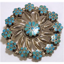 Old Pawn Zuni Turquoise Sterling Silver Flower Pendant & Pin - VM Dishta