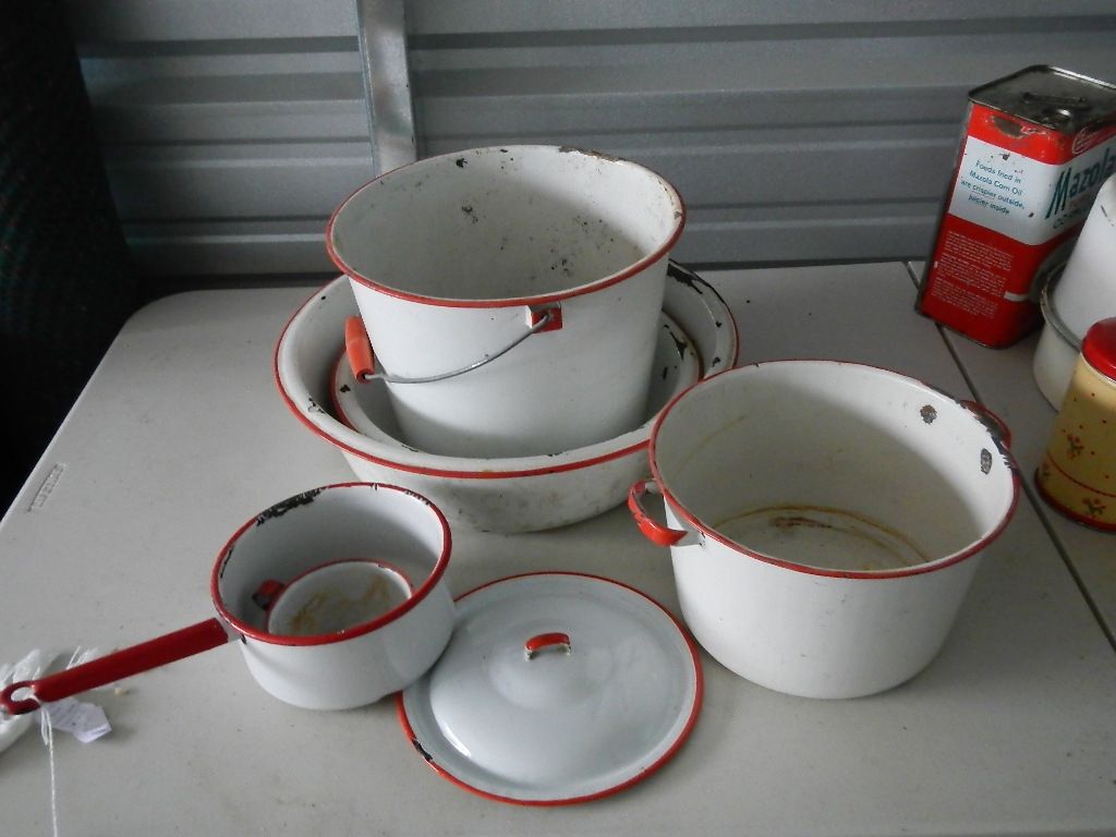 Red and White Enamelware Dishes