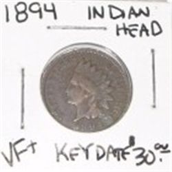1894 INDIAN HEAD PENNY RED BOOK VALUE IS $30.00 *RARE KEY DATE VERY FINE+ GRADE*!!