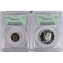 1968S prf Kennedy half $ PCGS68DCAM-70S proof dime PCGS68DCAM. PCGS price guide