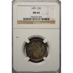 1892 BARBER QUARTER NGC MS64 RAINBOW COLOR!