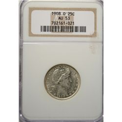 1908-O BARBER QUARTER NGC AU53 NICE