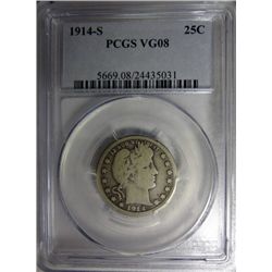 1914 S BARBER QUARTER PCGS VG8 KEY COIN! EST$190-$210