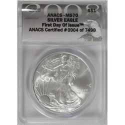 2008 silver Eagle ANACS70 first day issue #0904 of 7498